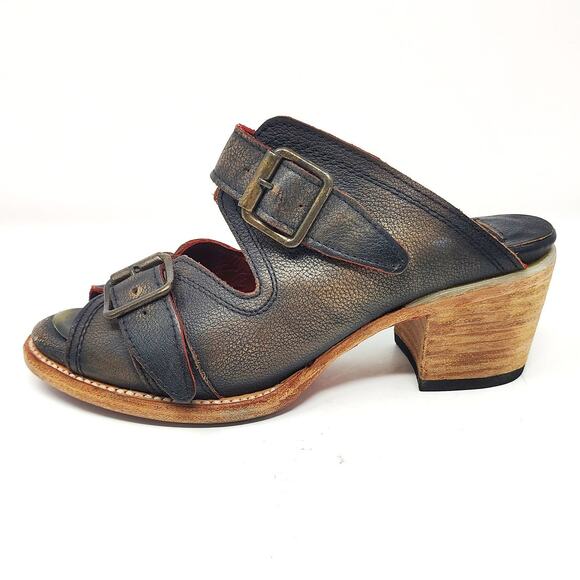 Freebird by Steven Womens 7 Caprice Distressed Block Heel Sandals Leather Black - Picture 1 of 8